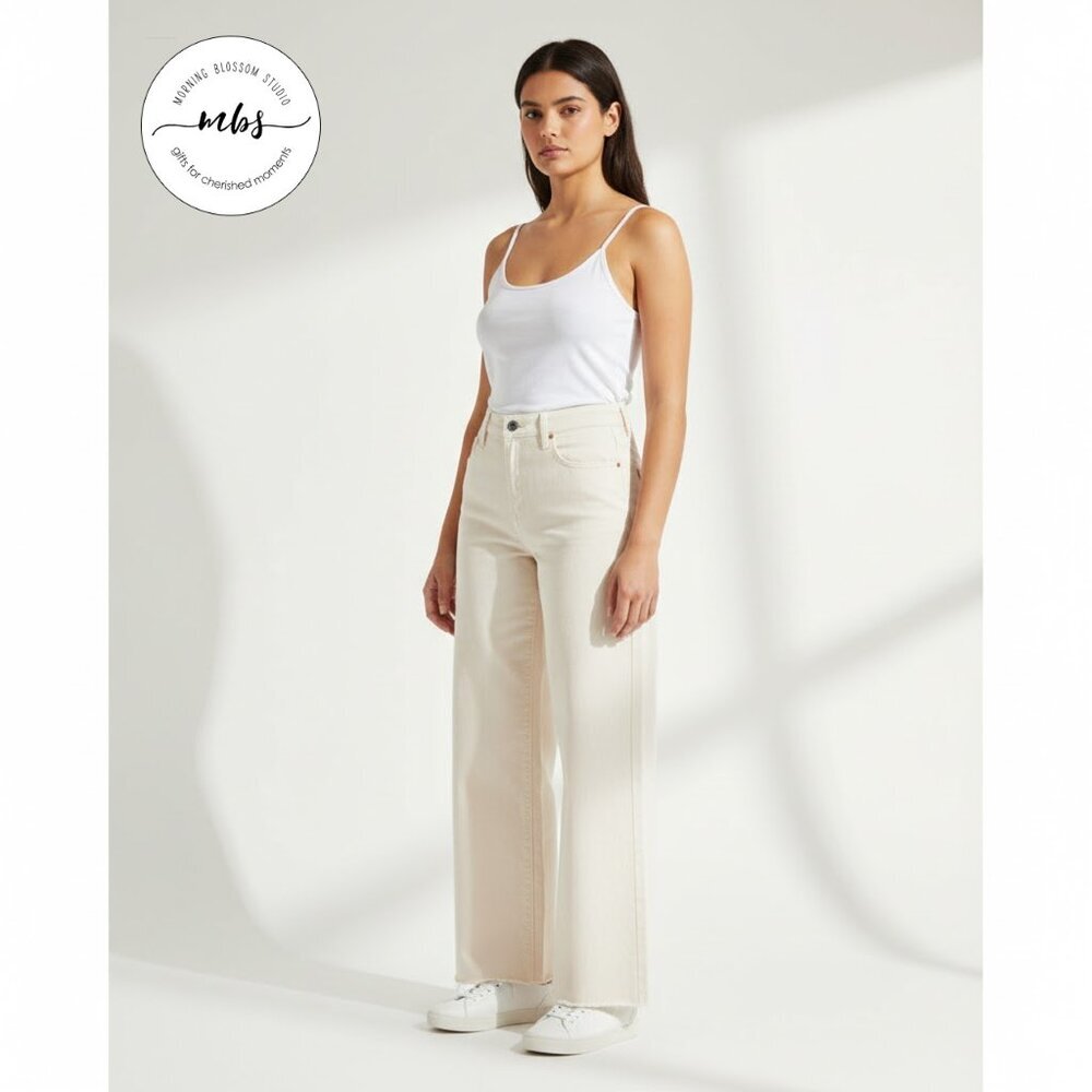 Dear John High Waist Raw‎ Hem Wide Leg Denim Jeans Cream Women 31